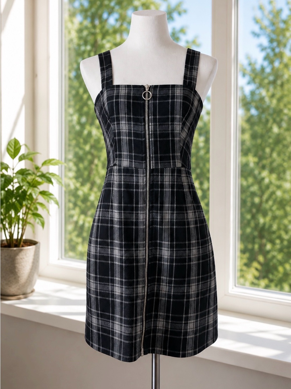Forever 21 Plaid Zip Front Mini Dress Grunge Y2K Black White Size S